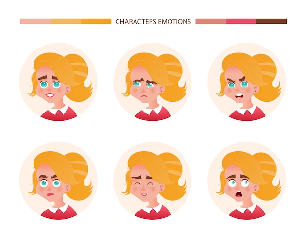 Free Vector character emotions avatar girl with red hair. emoji with different woman facial expressions joy crying anger surprise laughter fright. vector illustration in cartoon style