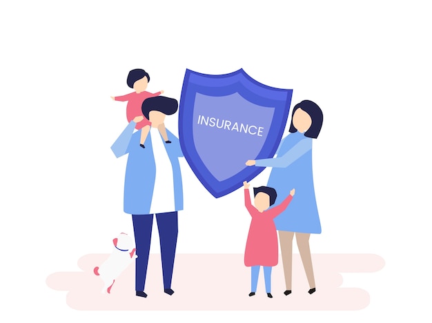 Character of a family holding an insurance illustration