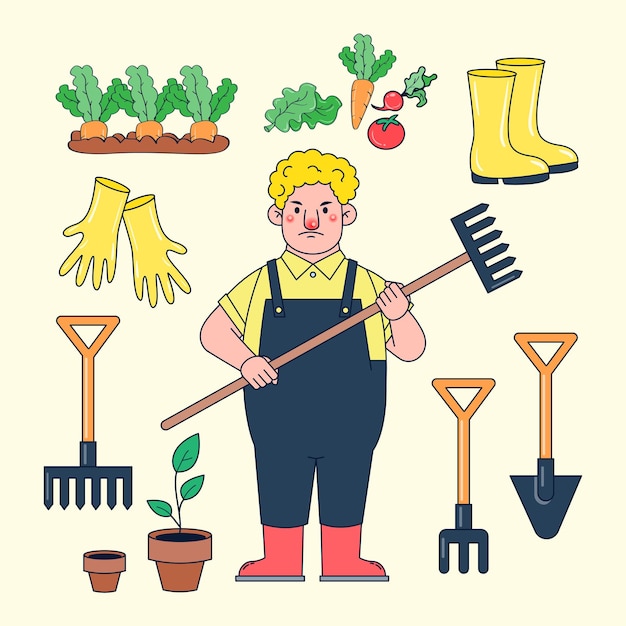 Free Vector character farmer with agricultural tools and product such as rake, shovel, straw fork, pot, gloves, boot, vegetable, plant, carrot, beetroot, tomato, soil, bib