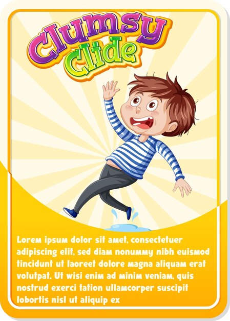 Character game card template with word Clumsy Clide