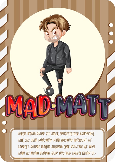 Free Vector character game card template with word mad matt