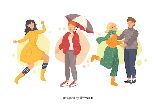 Free Vector character group with autumn clothes