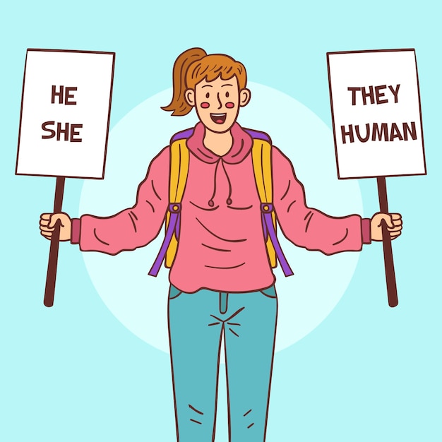 Character holding signs gender-neutral movement