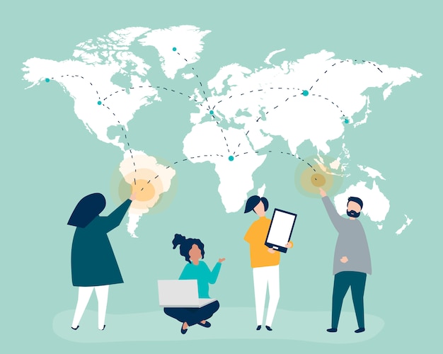 Free vector character illustration of people with global network concept