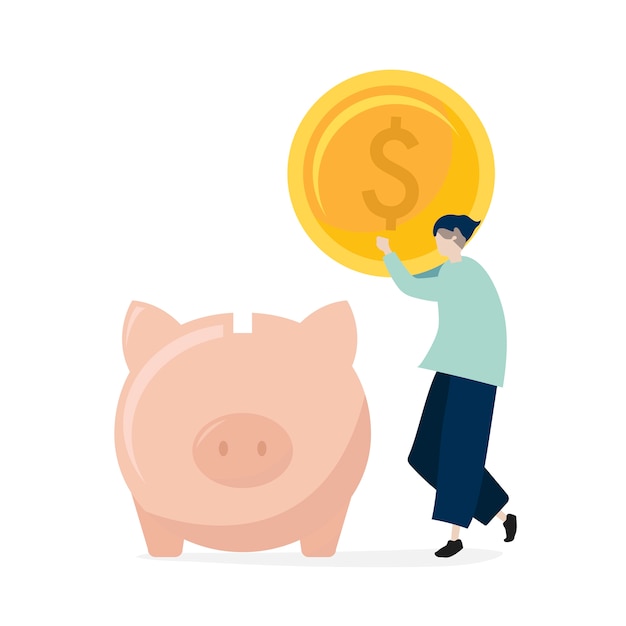 Character of a man saving money in a piggy bank illustration