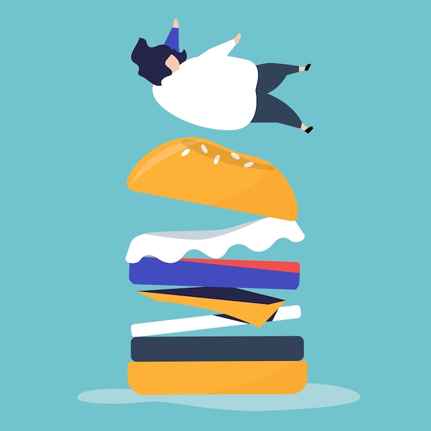 Free vector character of a person falling on a giant hamburger