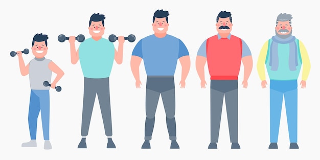 Character with human life cycles vector illustration Character of a man in different ages from youth to maturity The life cycle A baby a child a teenager an adult an elderly person