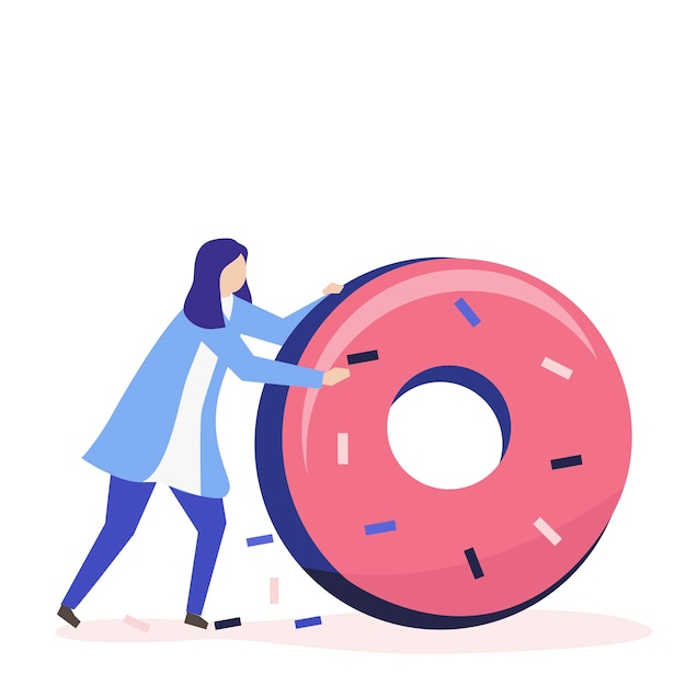 Free Vector character of a woman rolling a giant donut illustration