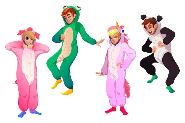 Free Vector characters in animal costumes, people in kigurumi on pajamas party. vector cartoon set of happy men and women in funny pyjamas of pig, unicorn, frog and panda isolated on white background