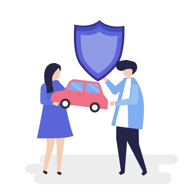 Free Vector characters of a couple holding a car and shield illustration