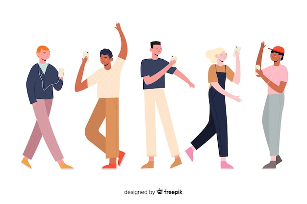 Characters group holding phone illustration