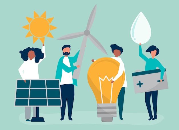 Free vector characters of people holding green energy icons