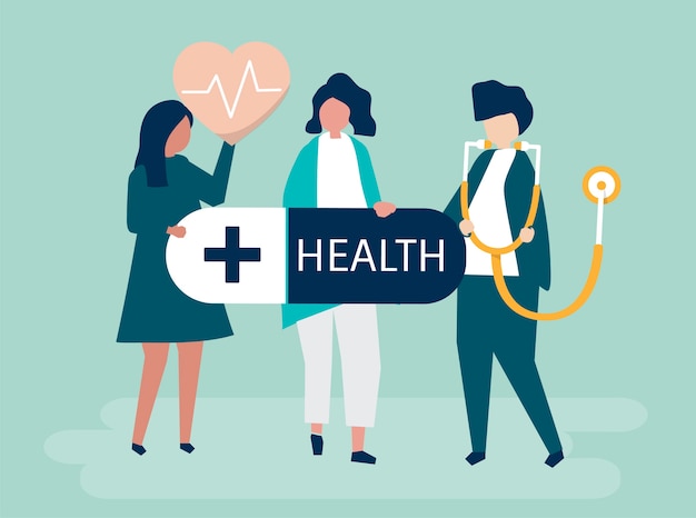 Free Vector characters of people holding healthcare icons illustration