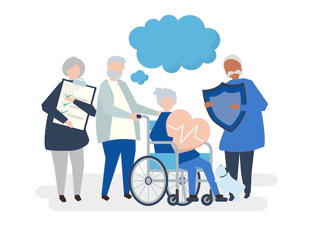 Characters of senior people holding healthcare icons 