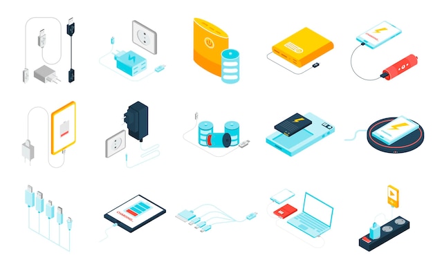 Free Vector chargers and power banks for different gadgets isometric icons set isolated on white background 3d vector illustration