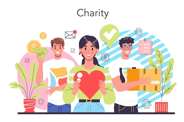 Charity concept People or volunteer donate stuff to help other people Idea of humanitarian support and philanthropy Isolated vector illustration in cartoon style