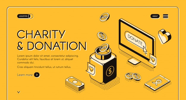 Free vector charity and donation illustration in isometric line design on yellow halftone background.