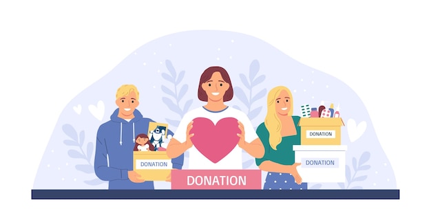 Free vector charity flat concept with smiling volunteers holding donation boxes and big heart vector illustration