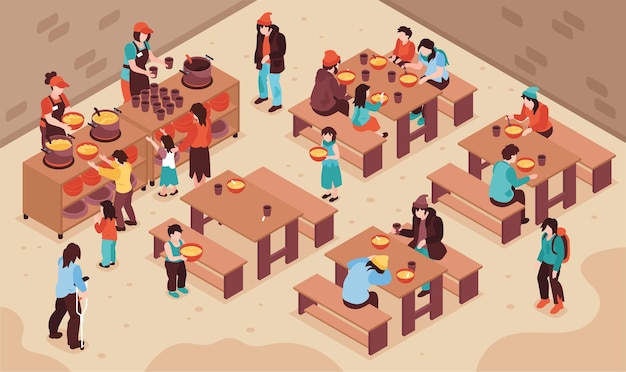 Free Vector charity isometric illustration with volunteers feeding needy poor homeless people