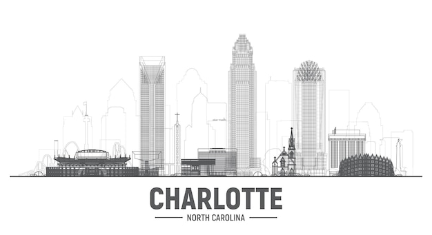 Charlotte North Carolina line skyline with silhouette at white background Vector Illustration Business travel and tourism concept with modern buildings