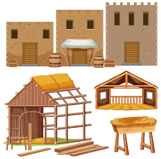 Free Vector charming collection of barn wooden and middle eastern houses