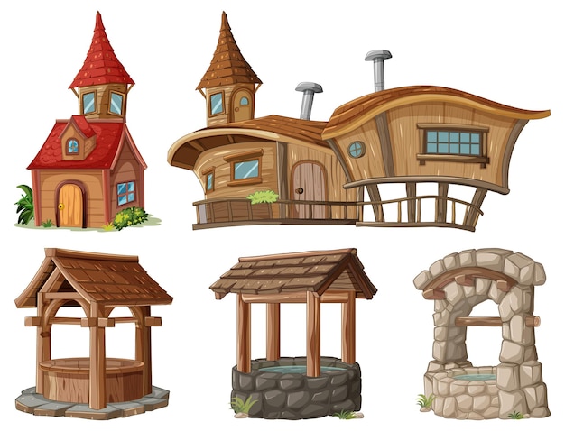 Free Vector charming village buildings and wells