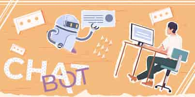 Free vector chat bot composition with collage of flat chat bubbles character of robot and guy at computer vector illustration