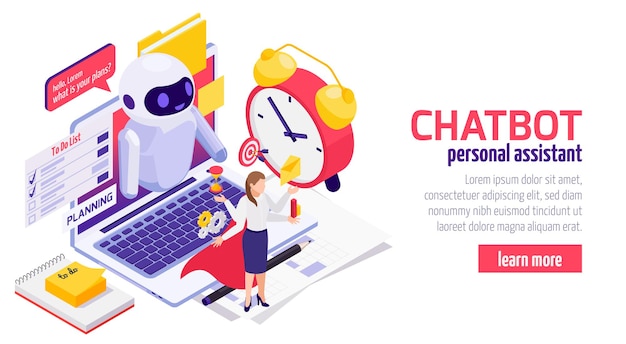 Chatbot messenger isometric web banner with businesswoman using electronic time planning assistant