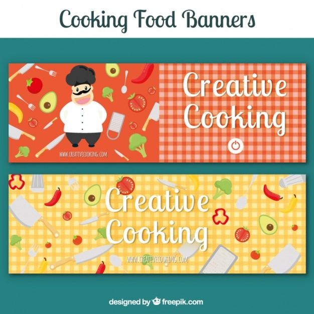 Free Vector checkered banners with chef and ingredients