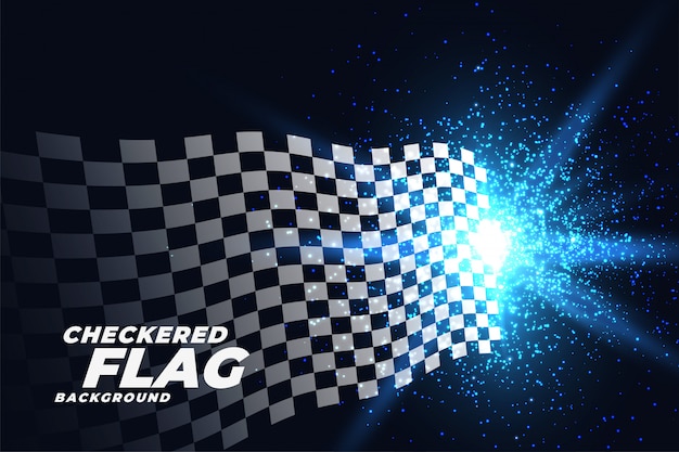 Checkered racing flag with blue lights particles background