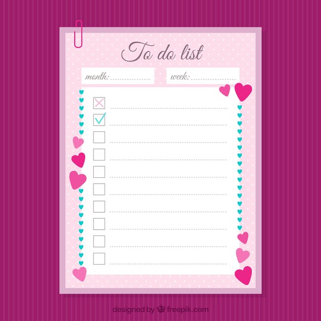 Checklist template with decorative hearts