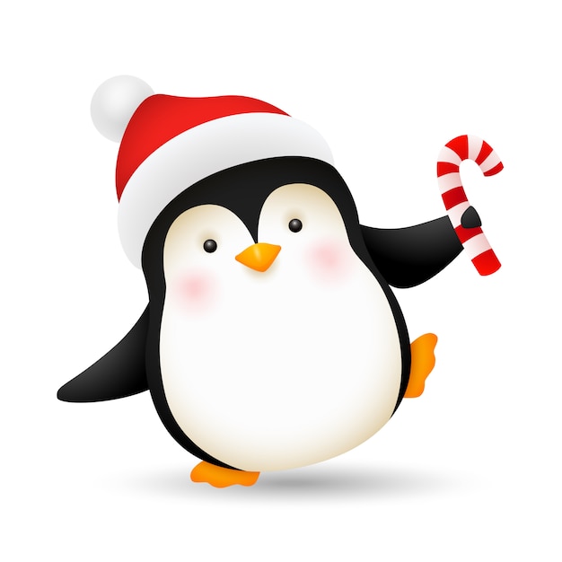 Cheerful baby penguin dancing with candy cane