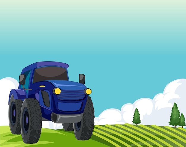 Free vector cheerful blue tractor in green fields