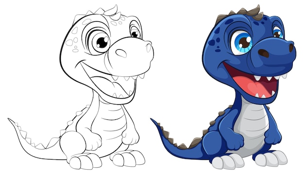 Free Vector cheerful cartoon dinosaur before and after coloring