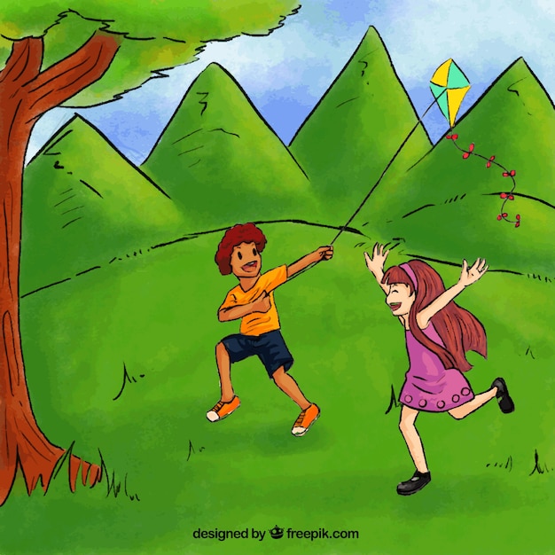 Free Vector cheerful children playing with a kite in the park