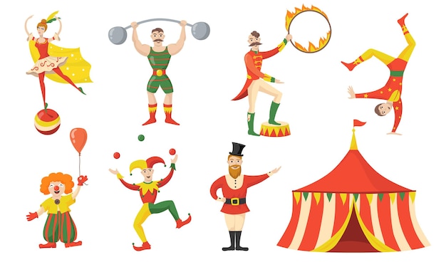 Free Vector cheerful circus character and performers flat set