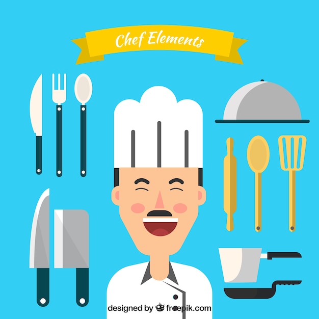 Cheerful cook with different utensils