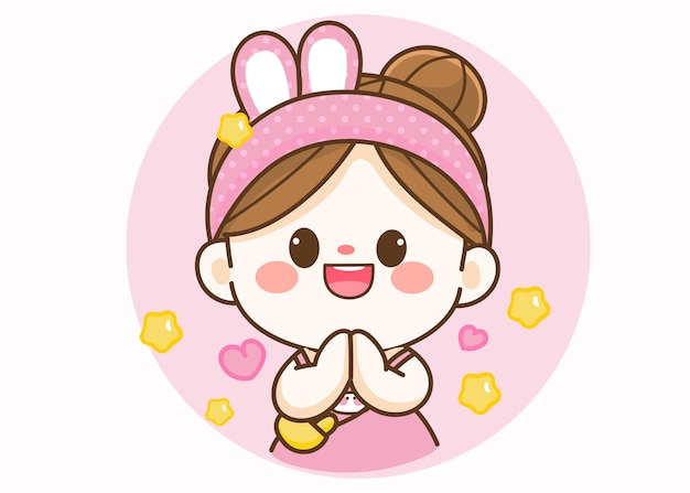 Cheerful cute girl greeting with namaste cartoon art illustration