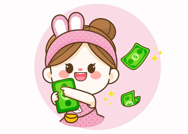 Cheerful cute girl holding money bank Hand drawn cartoon art illustration