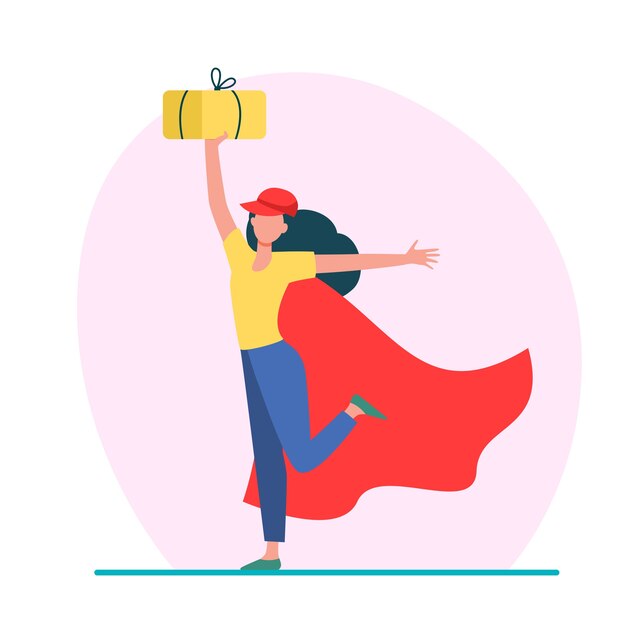 Cheerful female courier in superhero cape. Woman in baseball cap holding parcel flat vector illustration. Delivery, logistic service