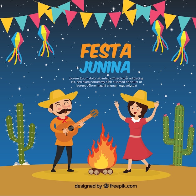 Cheerful festa junina background of couple dancing