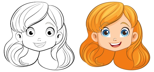 Cheerful Girl Cartoon Smiling Head and Doodle Outline