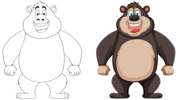 Cheerful Happy Bear Cartoon Character and Doodle Outline