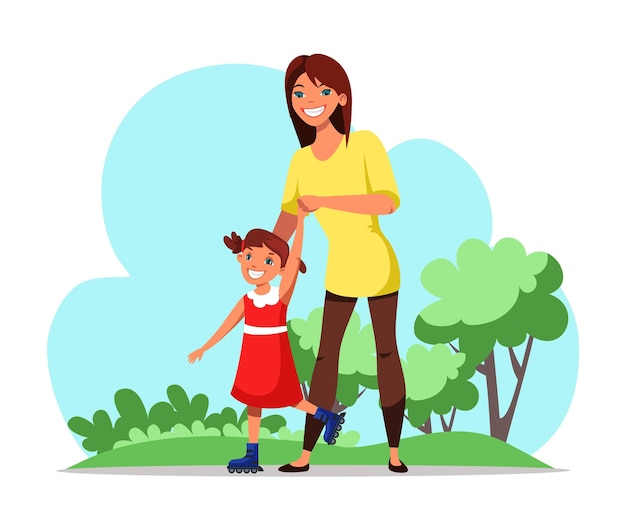 Free vector cheerful mother teaches daughter rides to roller in city park outdoor parent and child playing spend time together concept