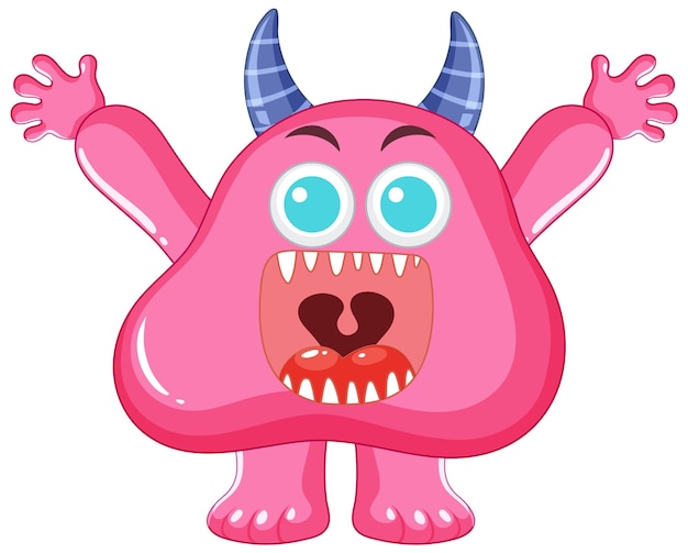 Free vector cheerful pink alien monster cartoon character with open mouth and horn