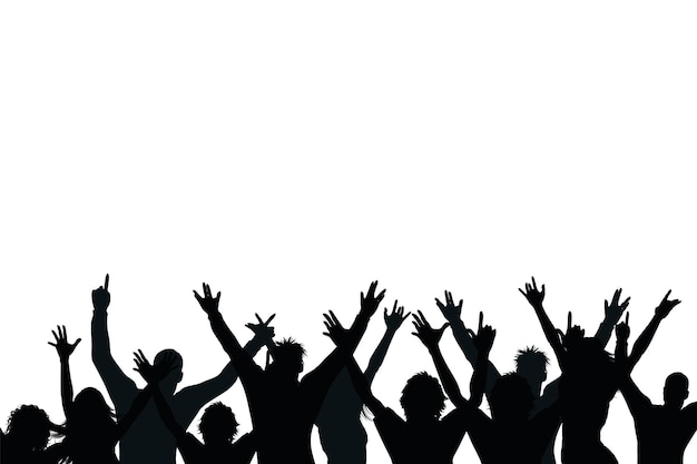 Cheering crowd silhouette excited young people with hands up Happy friends group nightclub discotheque cheerful visitors