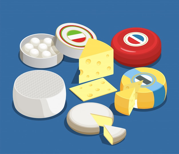 Cheese assortment isometric concept set of mozzarella maasdam brie and other sorts of cheese