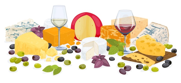 Free Vector cheese flat colored composition various pieces of cheese with fruit snacks and wine vector illustration