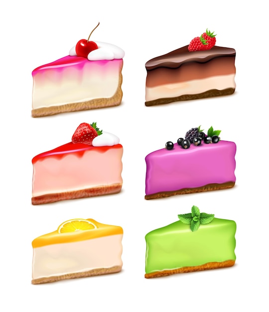 Cheesecake 6 popular flavors pieces realistic set with lemon strawberry mint chocolate natural extracts isolated illustration