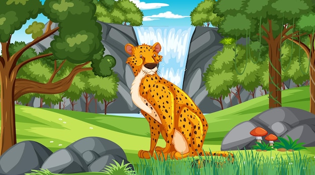 Free Vector cheetah in forest or rainforest at daytime scene